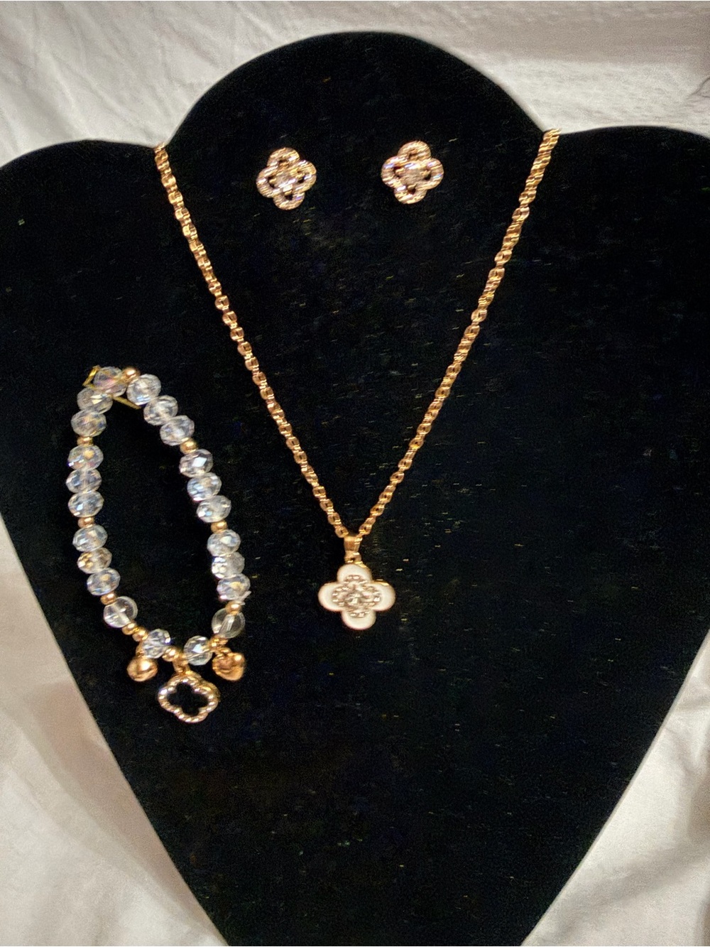 Gold Four-Leaf Clover Pendant Necklace, Bracelet & Stud Earring Set